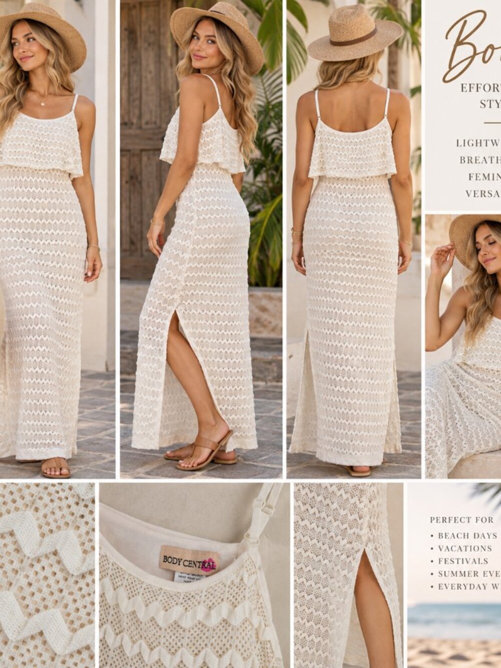 VTG Y2K Body Central Maxi Dress L Cream Crochet Knit Sheer Boho Fairy Festival
